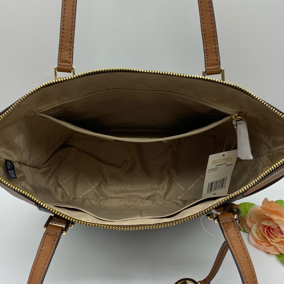 MICHAEL KORS CHARLOTTE LARGE TOP ZIP TOTE BROWN - Picture 10 of 16
